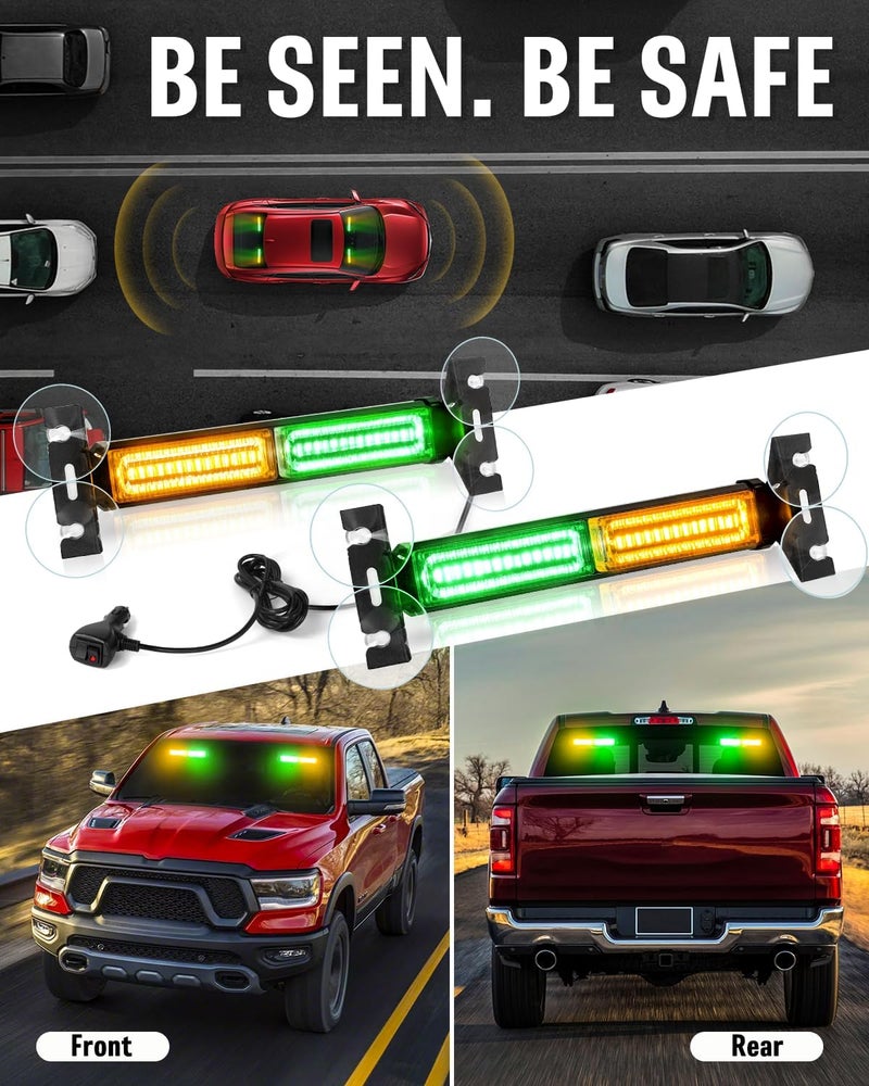 HLauto 1002L Emergency Strobe Traffic Advisor Light Bar: 40 LED Dash Safety Warning Flashing Light, Front/Rear Windshield Visor for Construction Vehicle, Tow/Plow Truck (2x10.7inch, Amber Green) - Image 3